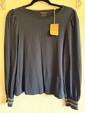 Boden Navy Puff Sleeve Top Rainbow Smocked Cuffs Cotton Modal NWT US 6